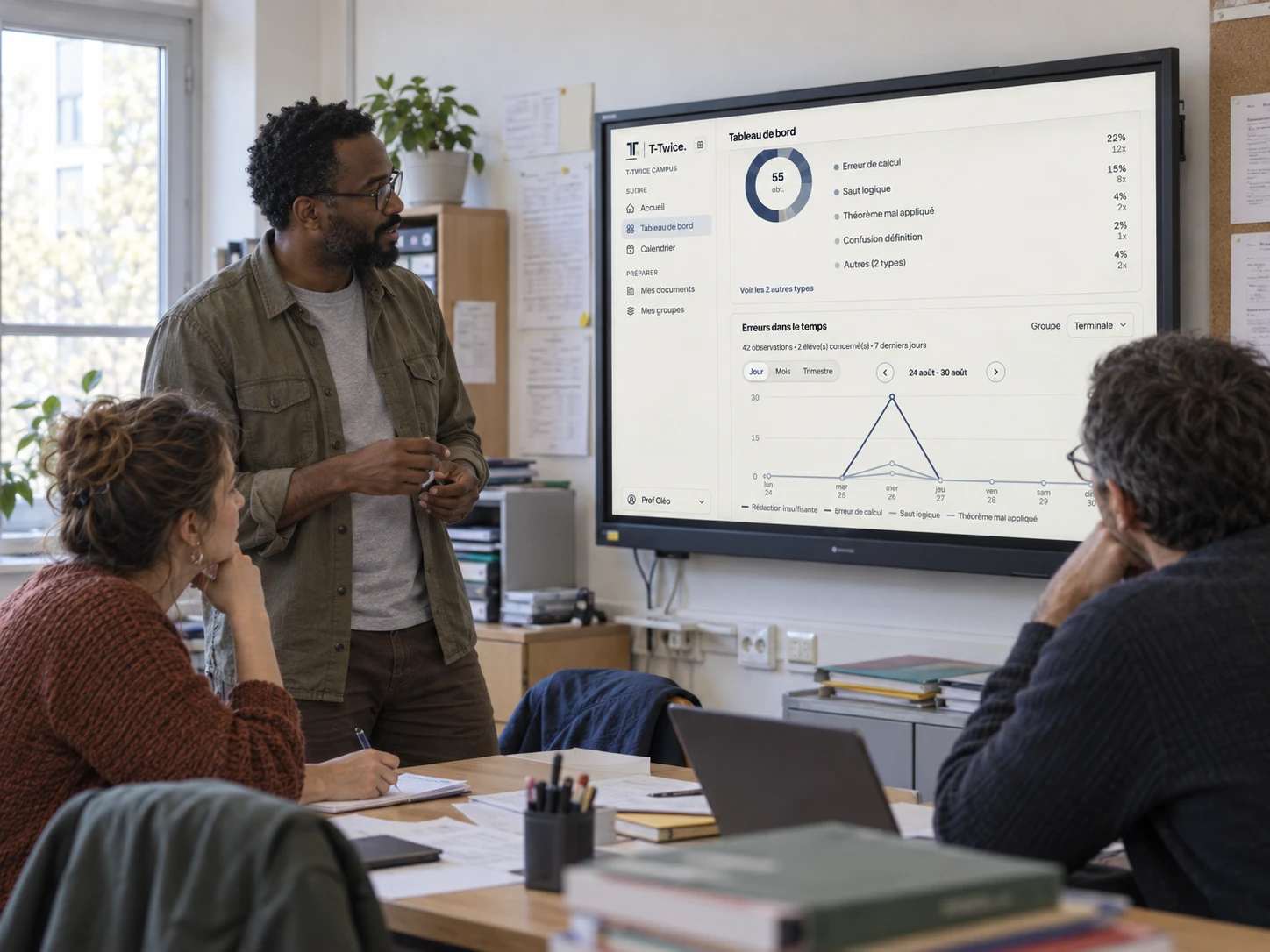 Équipe enseignante analysant les graphiques d'erreurs d'une classe dans T-Twice Campus.