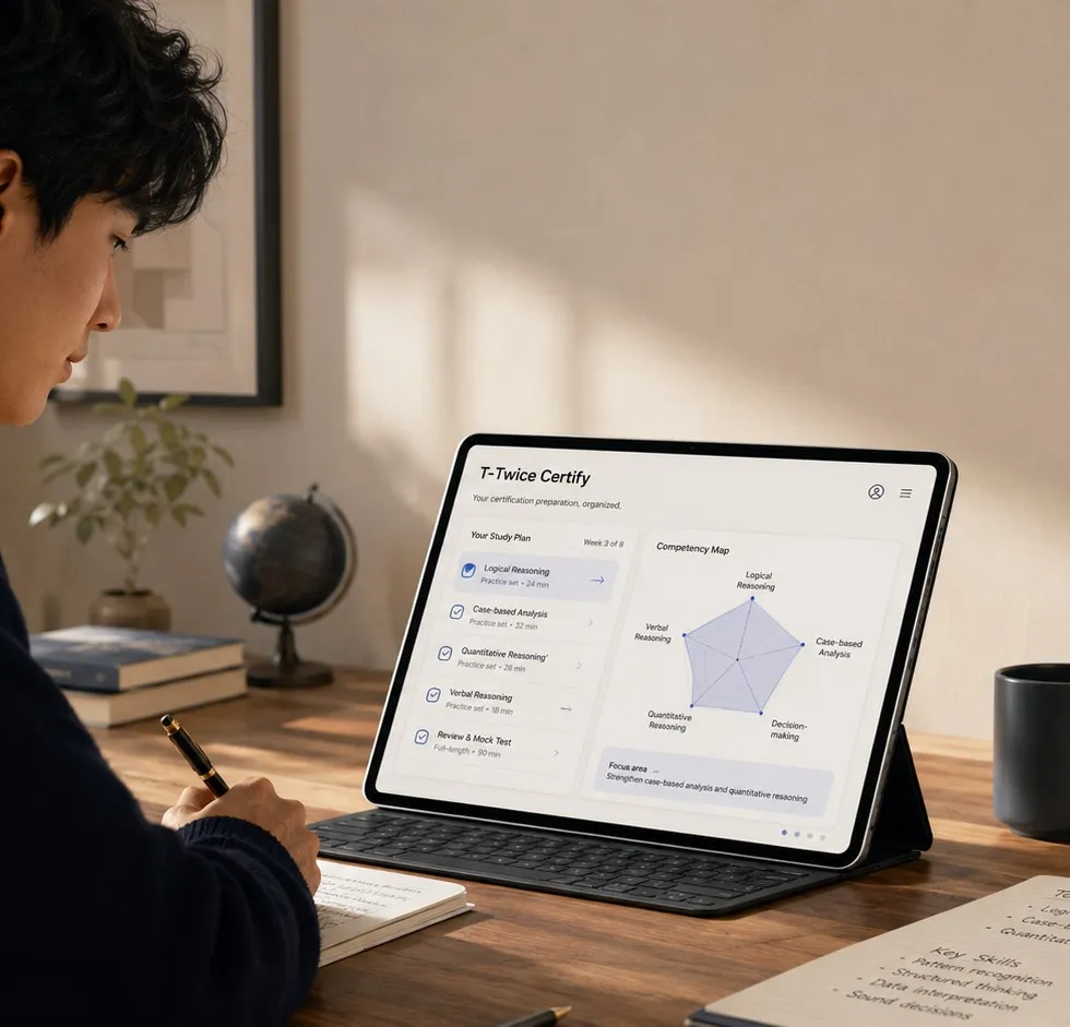 Interface T-Twice Certify : plan d'étude et carte de compétences.
