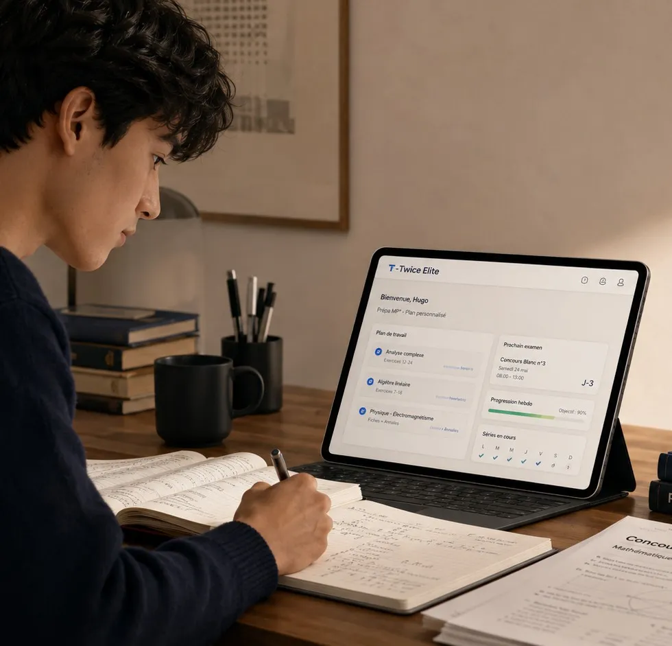 Interface T-Twice Elite : plan de travail et concours blanc sur tablette.