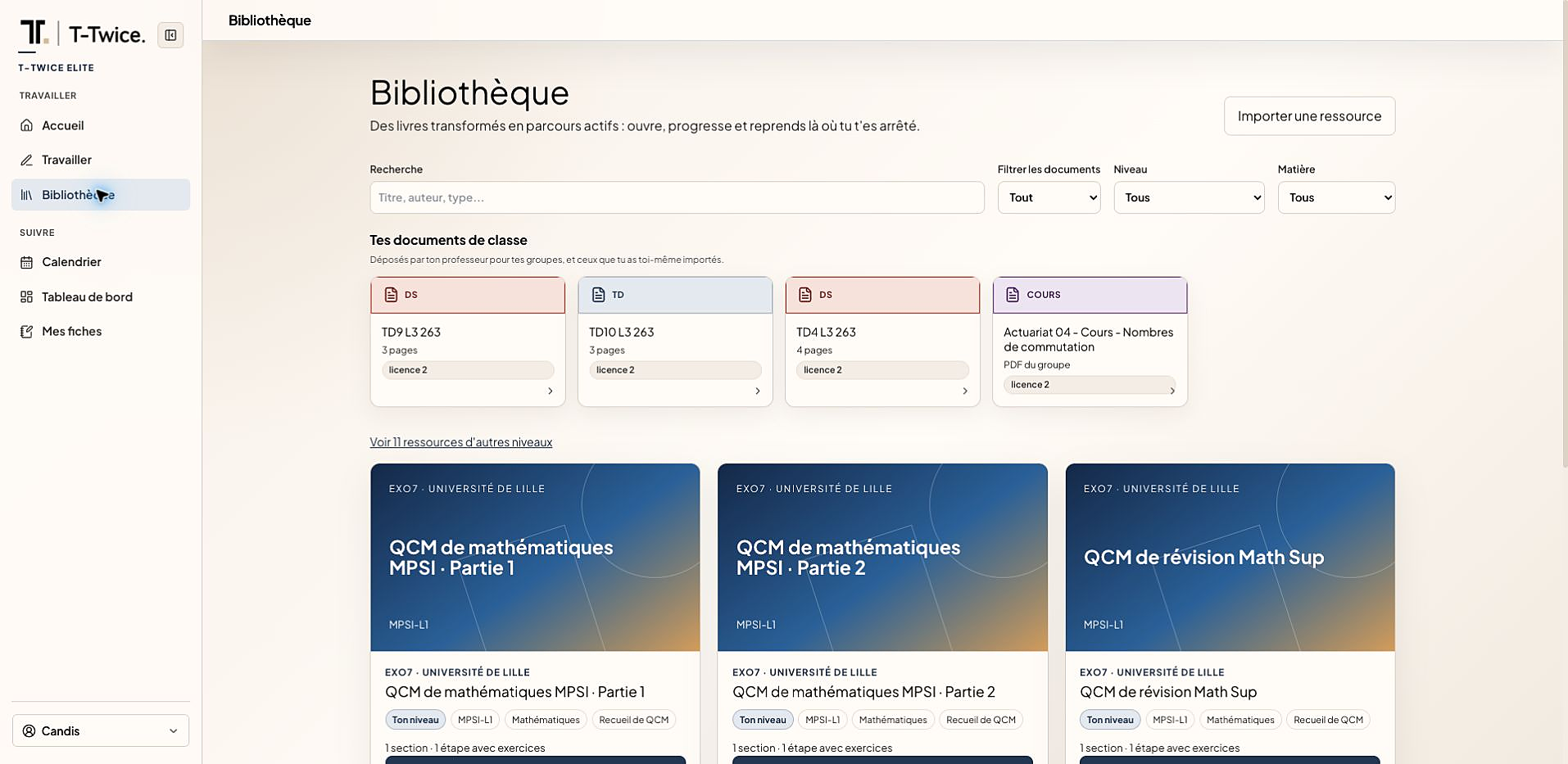 Bibliothèque Elite : parcours et documents de classe.
