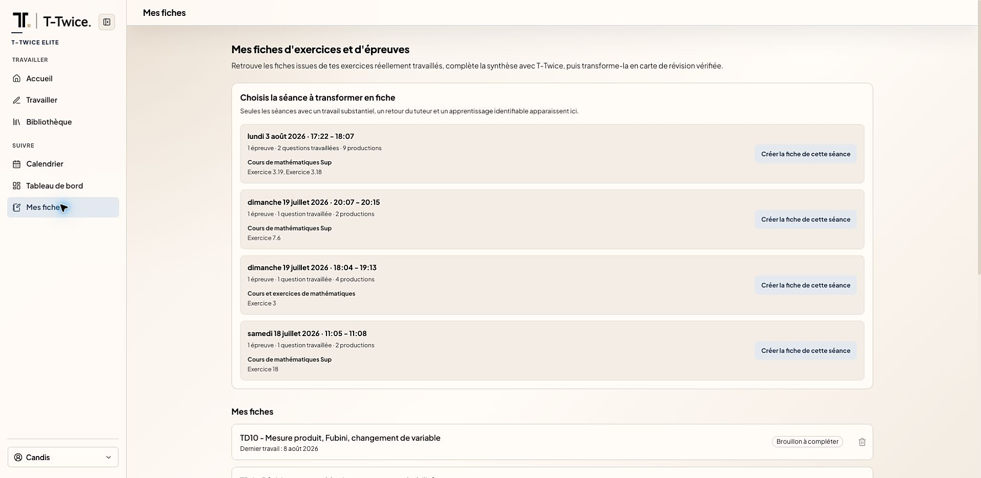 Mes fiches : choisir la séance à transformer en fiche.